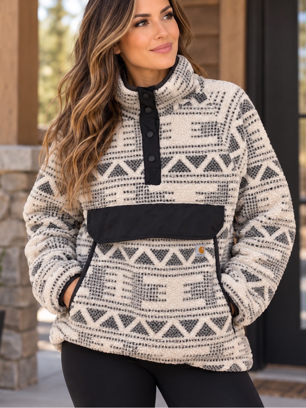 Carhartt Women's XL Cream & Black Patterned Sherpa Pullover Jacket